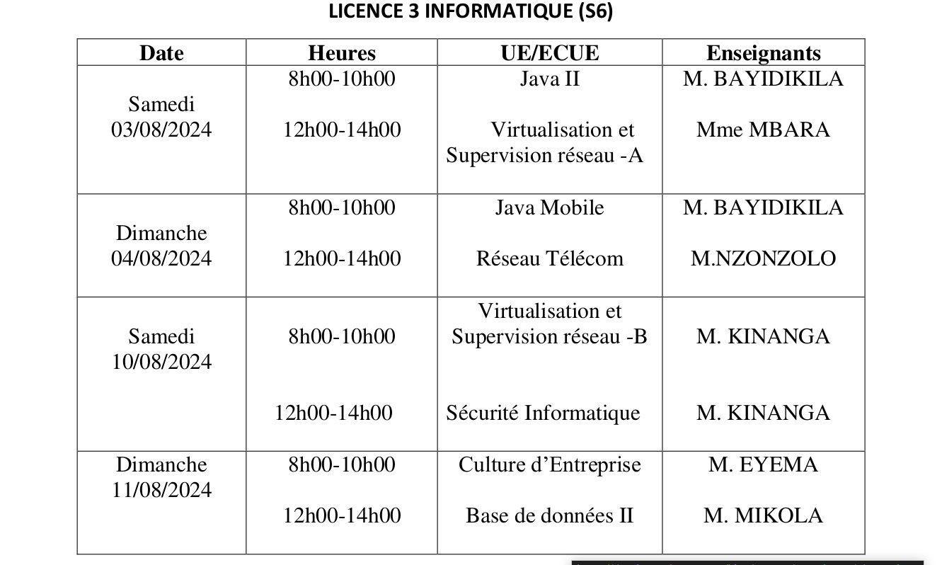 Calendrier des examens de rattrapages S6